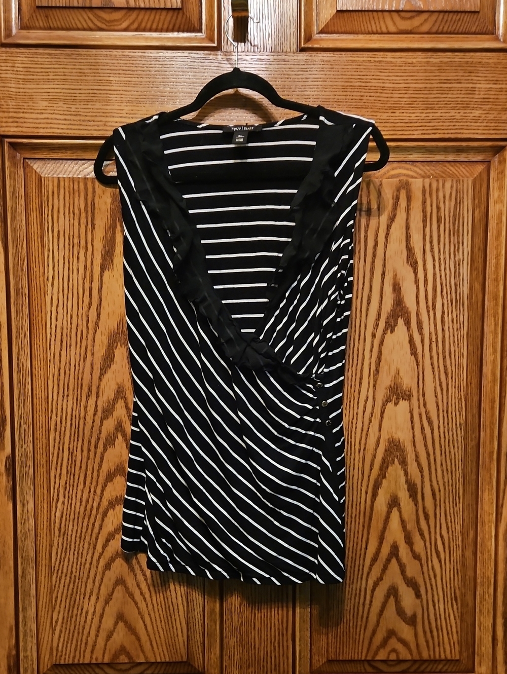 White House Black Market Black and White Striped Faux-Wrap Sleeveless Camisole
